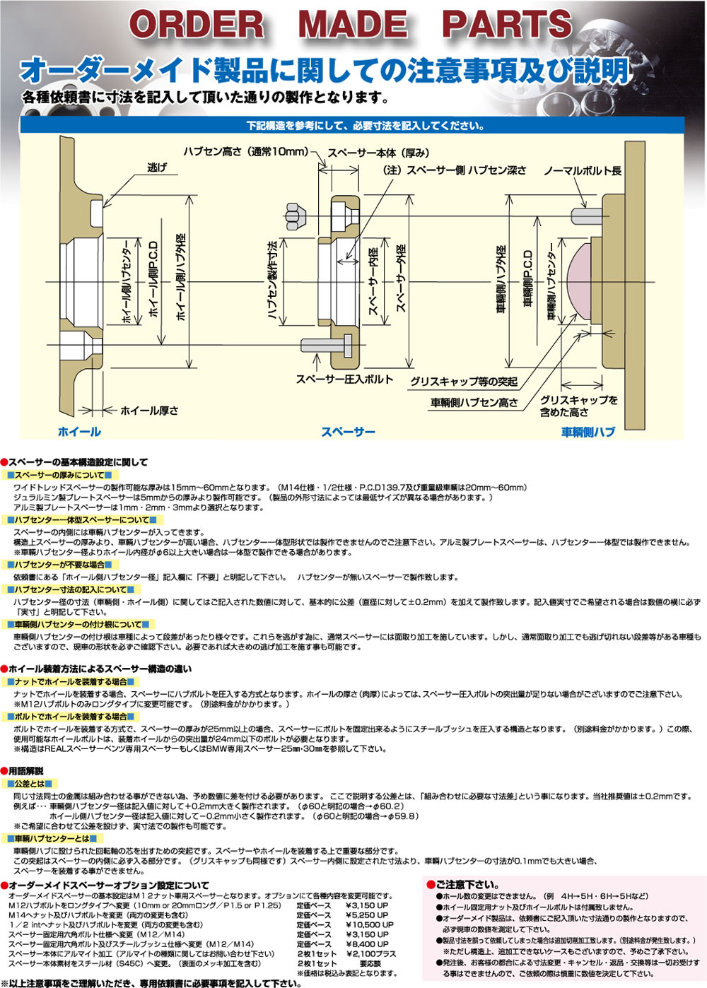 オーダーメイド製品に関しての 注意事項及び説明